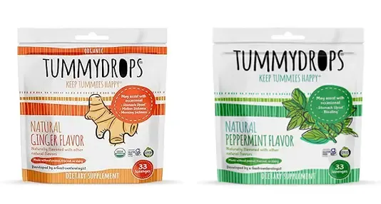 Two TummyDrops pouches, one natural ginger flavor and one natural peppermint flavor.