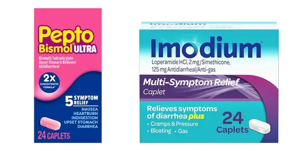 Two medicine boxes, Pepto Bismol Ultra and Imodium Multi-Symptom Relief, for digestive issues.