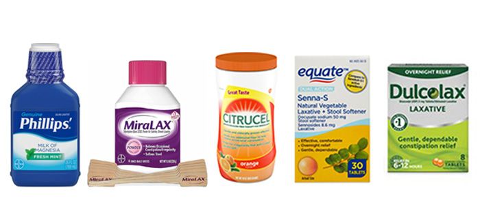 Five different over-the-counter laxative products including Phillips', MiraLAX, Citrucel, Equate, and Dulcolax.