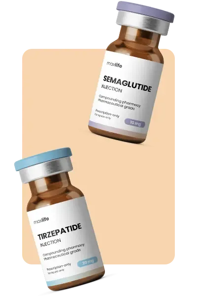 Two medical vials labeled Semaglutide Injection and Tirzepatide Injection on a soft background.