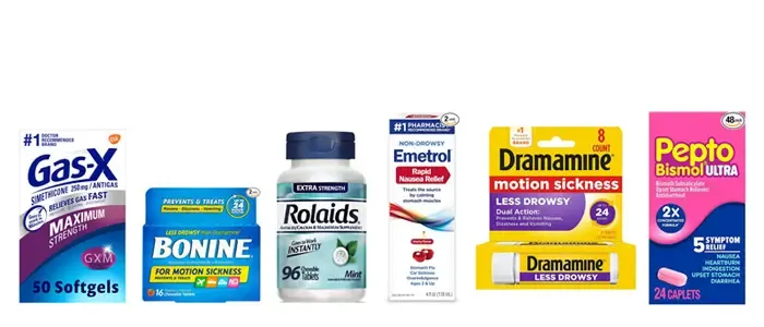 A line of common over-the-counter medications for digestive issues and motion sickness.