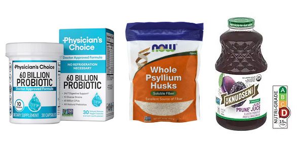 A collection of digestive health products: probiotics, psyllium husks, and prune juice.