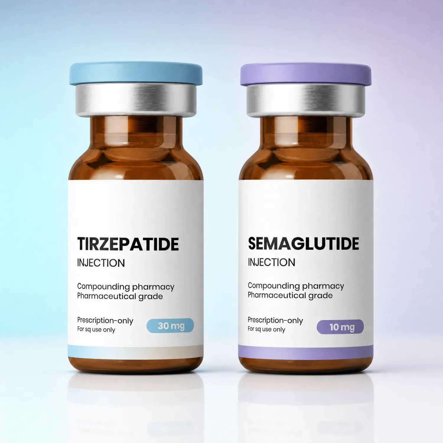Two vials labeled Tirzepatide 20mg and Semaglutide 50mg, for pharmaceutical use.